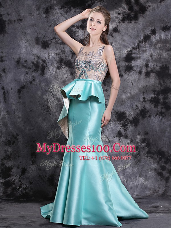 Custom Designed Mermaid Scoop Sleeveless Satin Brush Train Zipper Dress for Prom in Aqua Blue with Appliques