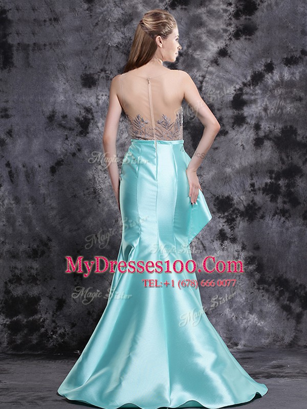 Custom Designed Mermaid Scoop Sleeveless Satin Brush Train Zipper Dress for Prom in Aqua Blue with Appliques