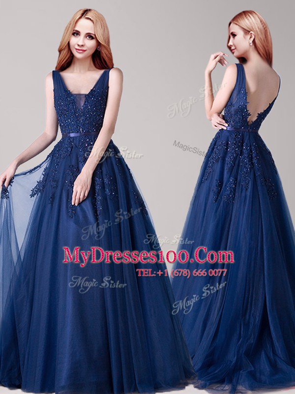 Pretty Navy Blue Tulle Backless Dress for Prom Sleeveless Floor Length Appliques and Belt