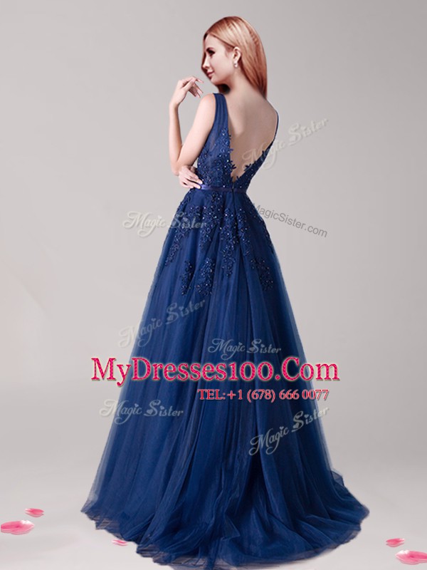 Pretty Navy Blue Tulle Backless Dress for Prom Sleeveless Floor Length Appliques and Belt