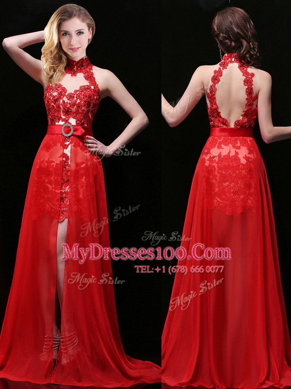 Unique Halter Top Coral Red Chiffon and Lace Backless Prom Dress Sleeveless With Brush Train Lace and Sashes ribbons