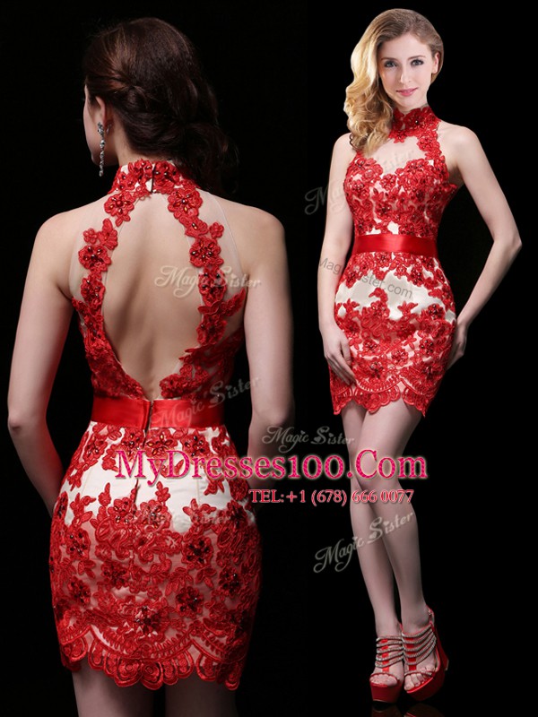 Unique Halter Top Coral Red Chiffon and Lace Backless Prom Dress Sleeveless With Brush Train Lace and Sashes ribbons
