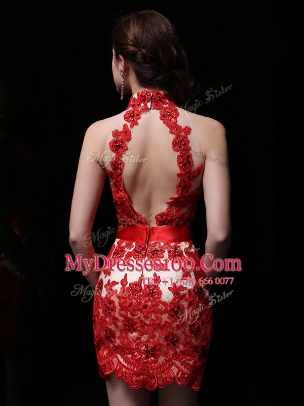 Unique Halter Top Coral Red Chiffon and Lace Backless Prom Dress Sleeveless With Brush Train Lace and Sashes ribbons