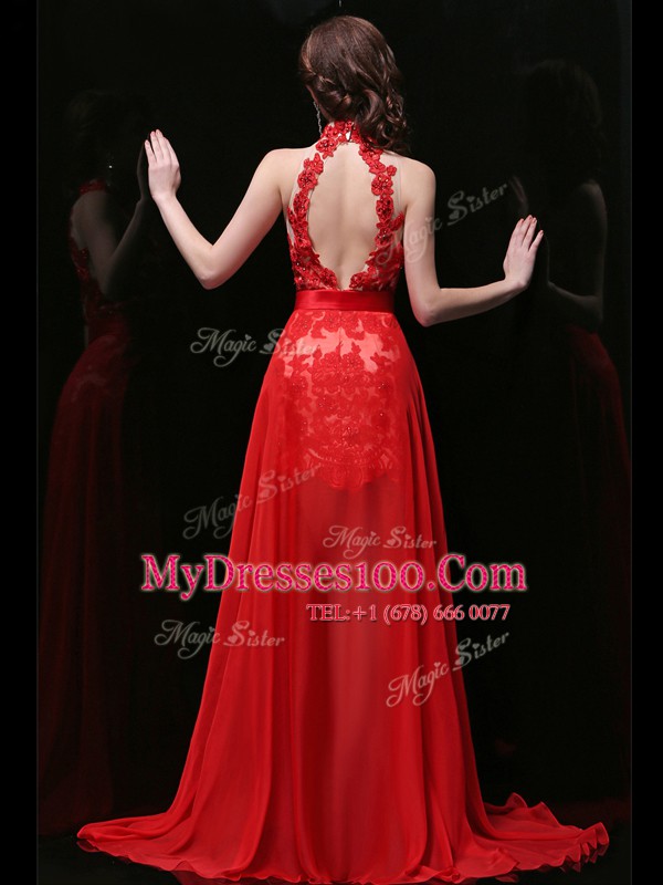 Unique Halter Top Coral Red Chiffon and Lace Backless Prom Dress Sleeveless With Brush Train Lace and Sashes ribbons