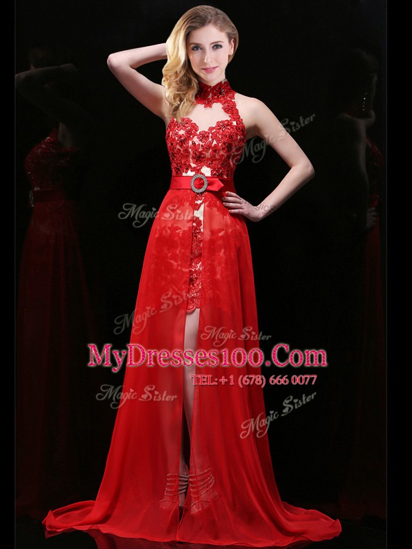 Unique Halter Top Coral Red Chiffon and Lace Backless Prom Dress Sleeveless With Brush Train Lace and Sashes ribbons