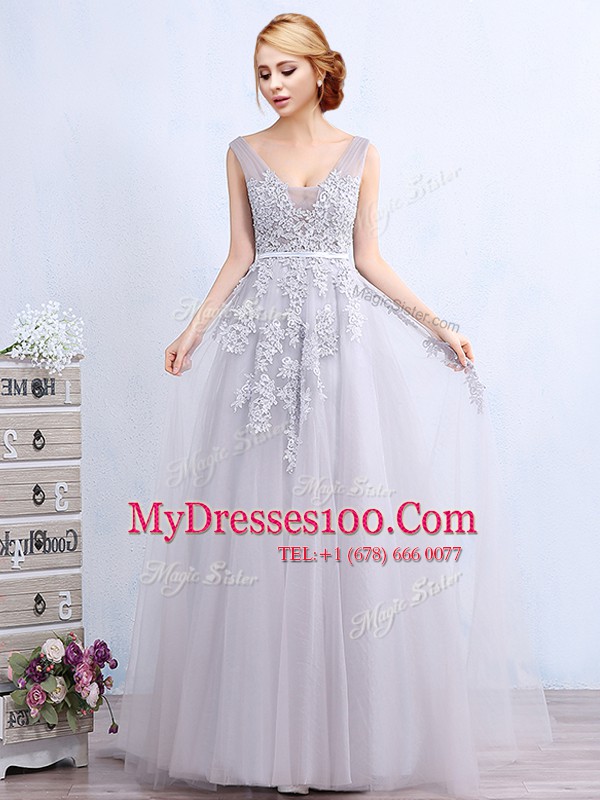 Glamorous Backless V-neck Sleeveless Evening Dress With Brush Train Appliques and Belt Grey Tulle