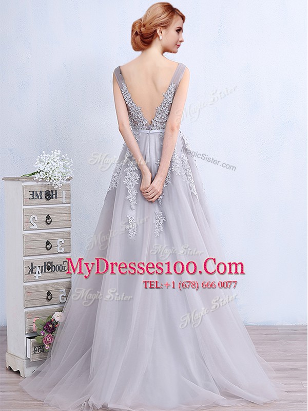 Glamorous Backless V-neck Sleeveless Evening Dress With Brush Train Appliques and Belt Grey Tulle