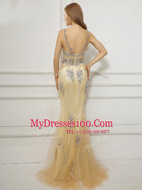 Mermaid Gold Scoop Neckline Beading Homecoming Dress Cap Sleeves Backless
