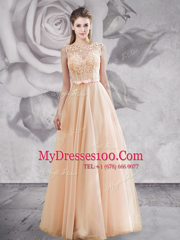 Customized A-line Homecoming Dress Champagne Bateau Tulle Sleeveless Floor Length Lace Up