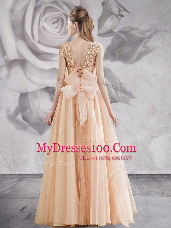 Customized A-line Homecoming Dress Champagne Bateau Tulle Sleeveless Floor Length Lace Up