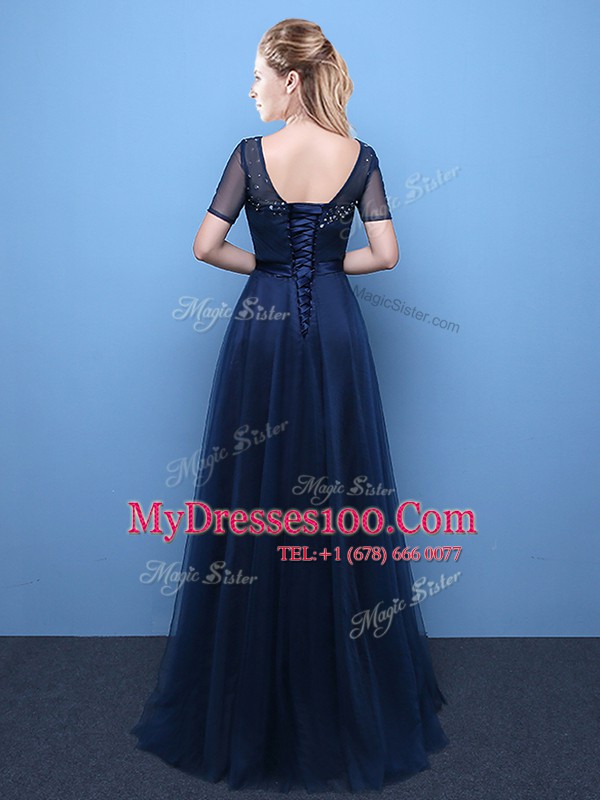 Scoop Short Sleeves Floor Length Beading Lace Up with Navy Blue