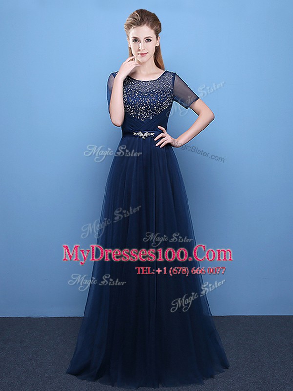 Scoop Short Sleeves Floor Length Beading Lace Up with Navy Blue