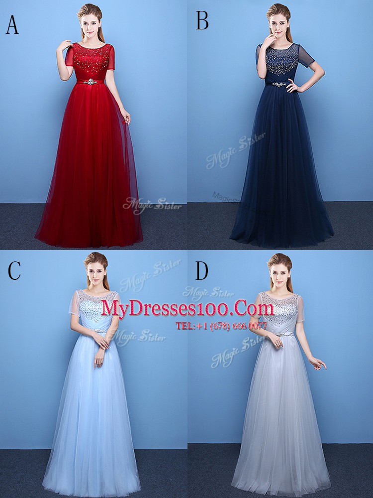 Scoop Short Sleeves Floor Length Beading Lace Up with Navy Blue