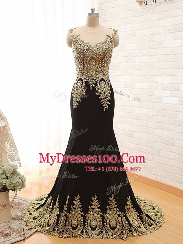 Flare Scoop Sleeveless Dress for Prom With Brush Train Beading and Appliques Black Elastic Woven Satin
