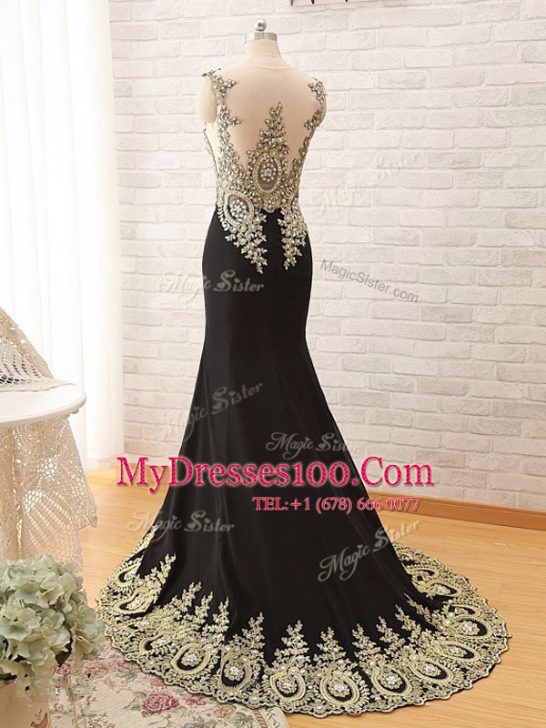 Flare Scoop Sleeveless Dress for Prom With Brush Train Beading and Appliques Black Elastic Woven Satin