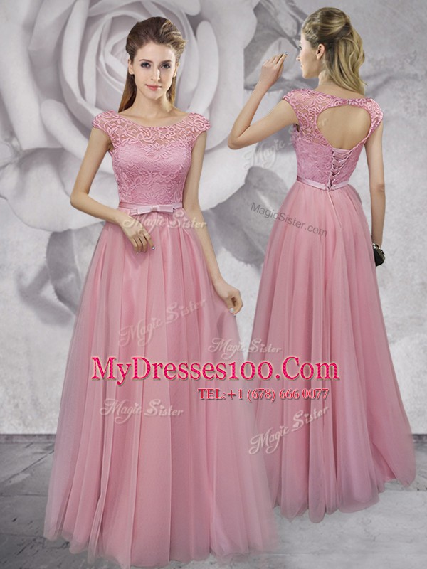 Chic Scoop Cap Sleeves Lace and Ruching and Bowknot Lace Up Prom Evening Gown