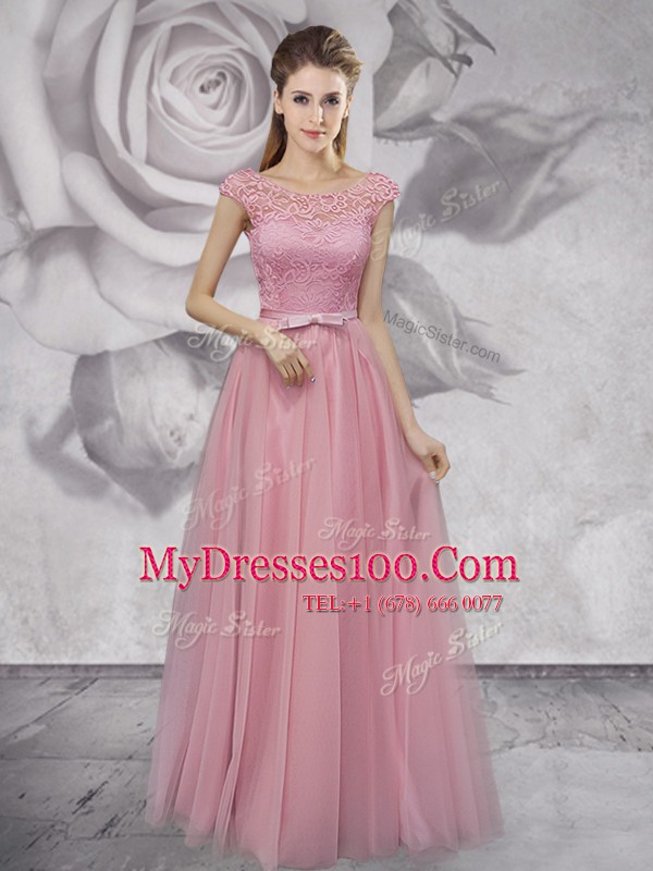 Chic Scoop Cap Sleeves Lace and Ruching and Bowknot Lace Up Prom Evening Gown