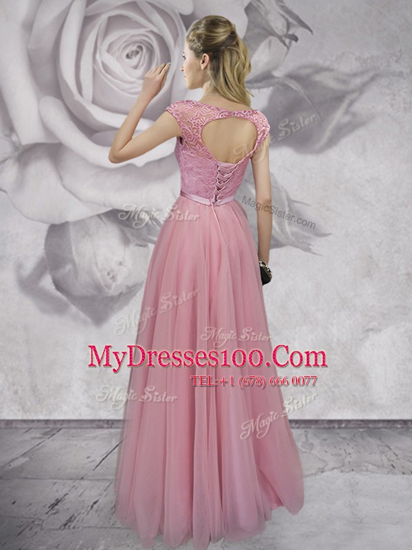Chic Scoop Cap Sleeves Lace and Ruching and Bowknot Lace Up Prom Evening Gown