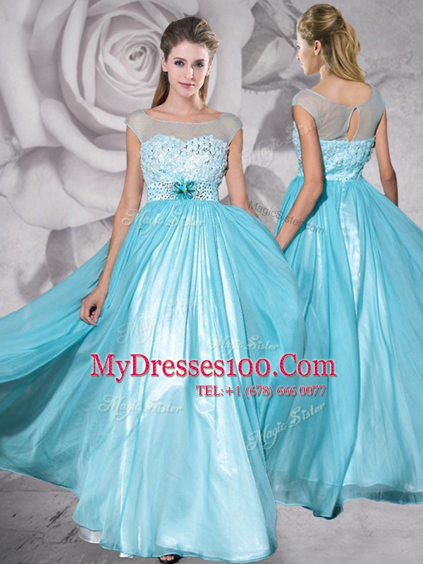 Aqua Blue Empire Bateau Cap Sleeves Chiffon Floor Length Zipper Beading and Appliques Prom Evening Gown