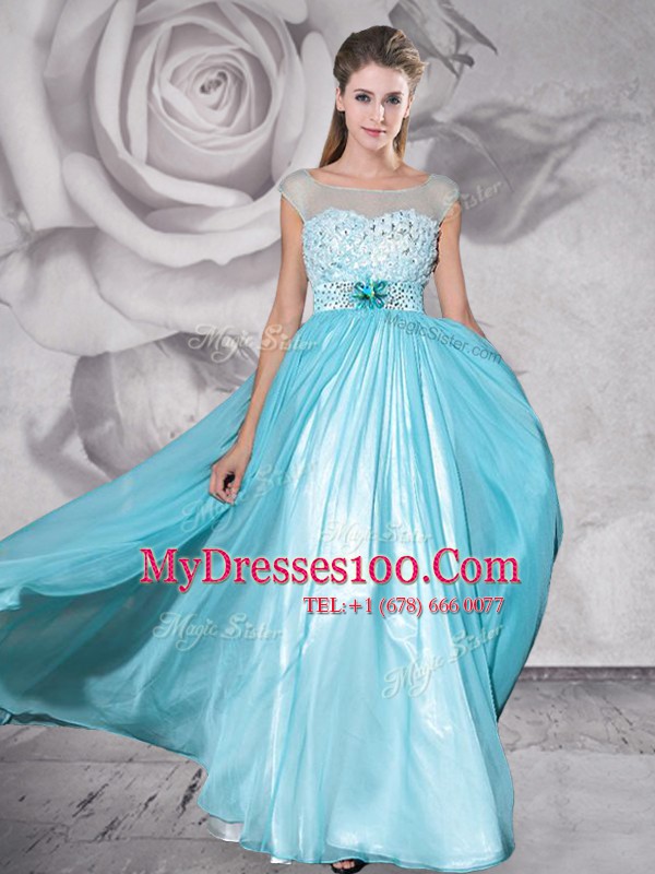 Aqua Blue Empire Bateau Cap Sleeves Chiffon Floor Length Zipper Beading and Appliques Prom Evening Gown