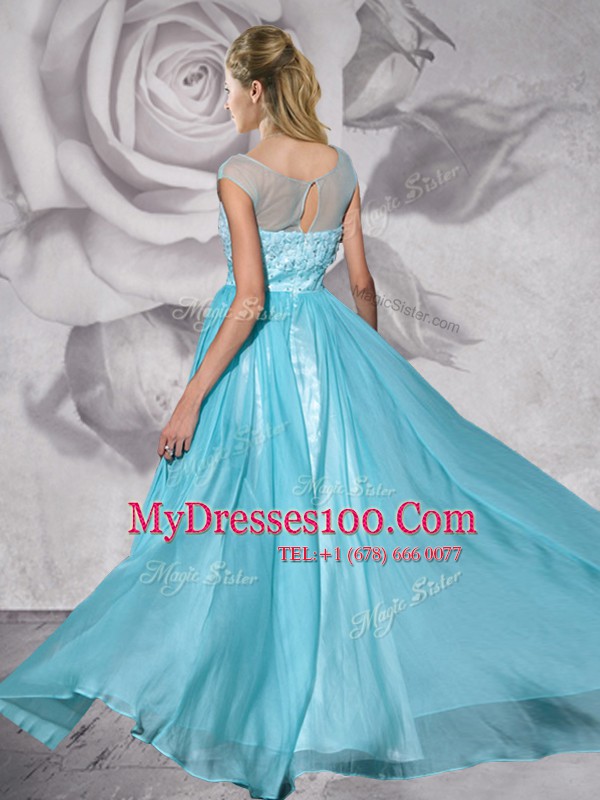Aqua Blue Empire Bateau Cap Sleeves Chiffon Floor Length Zipper Beading and Appliques Prom Evening Gown