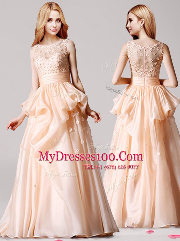 Luxury Taffeta Scoop Sleeveless Zipper Appliques and Pick Ups Prom Dresses in Champagne
