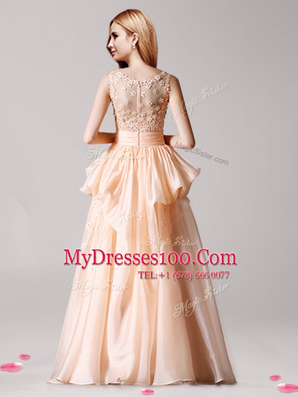 Luxury Taffeta Scoop Sleeveless Zipper Appliques and Pick Ups Prom Dresses in Champagne
