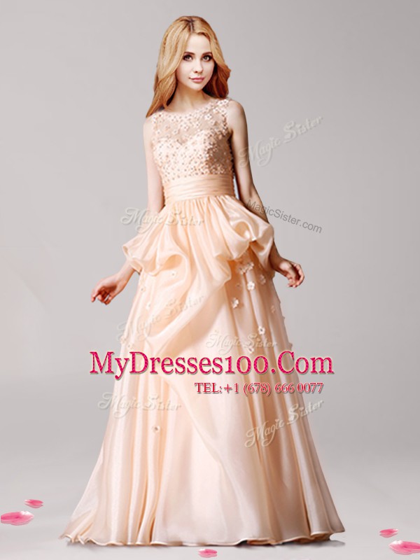Luxury Taffeta Scoop Sleeveless Zipper Appliques and Pick Ups Prom Dresses in Champagne