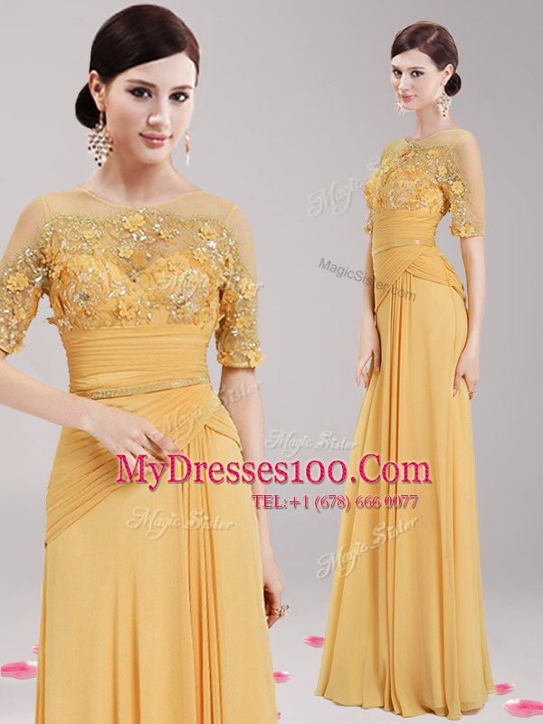 Scoop Gold Chiffon Zipper Half Sleeves Floor Length Appliques and Belt
