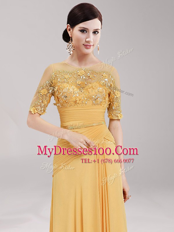 Scoop Gold Chiffon Zipper Half Sleeves Floor Length Appliques and Belt