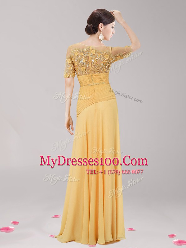 Scoop Gold Chiffon Zipper Half Sleeves Floor Length Appliques and Belt