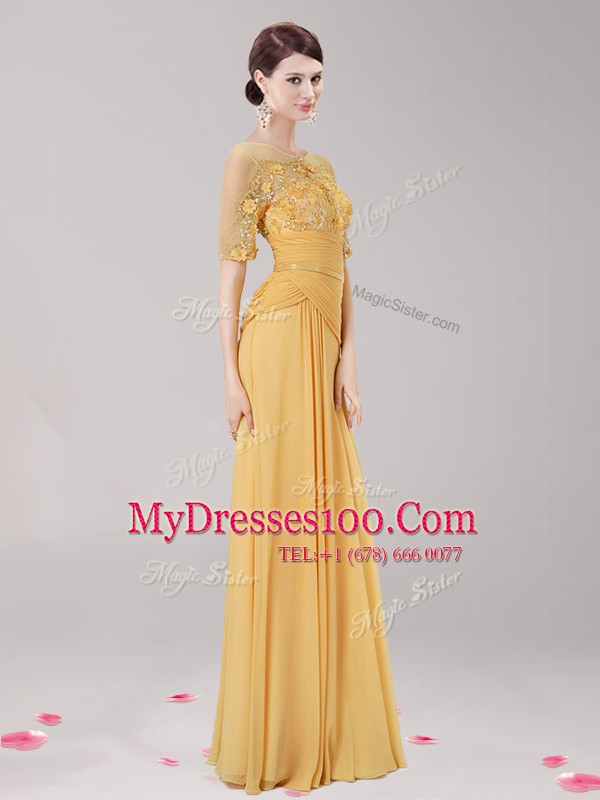 Scoop Gold Chiffon Zipper Half Sleeves Floor Length Appliques and Belt