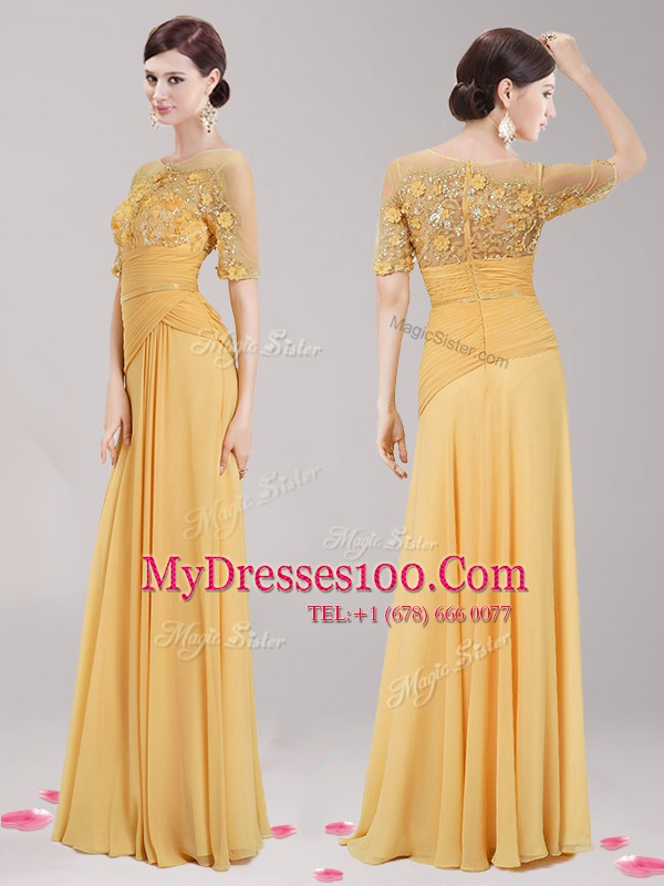 Scoop Gold Chiffon Zipper Half Sleeves Floor Length Appliques and Belt
