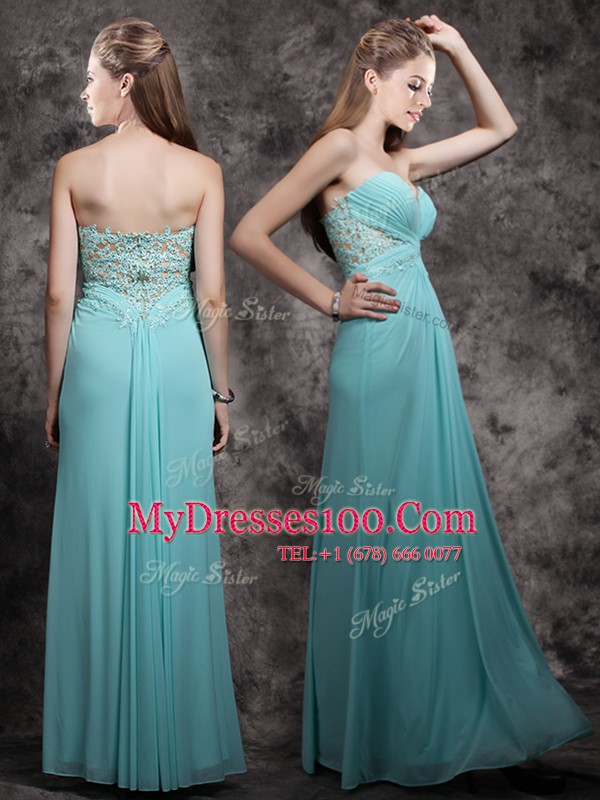 Floor Length Zipper Dress for Prom Aqua Blue for Prom with Appliques