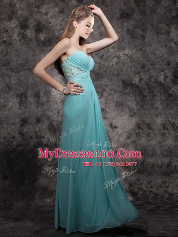 Floor Length Zipper Dress for Prom Aqua Blue for Prom with Appliques