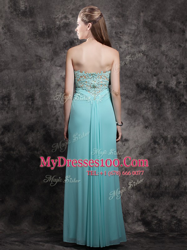 Floor Length Zipper Dress for Prom Aqua Blue for Prom with Appliques