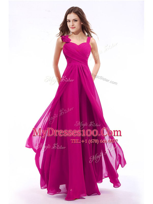 Straps Chiffon Sleeveless Floor Length Homecoming Dress and Hand Made Flower