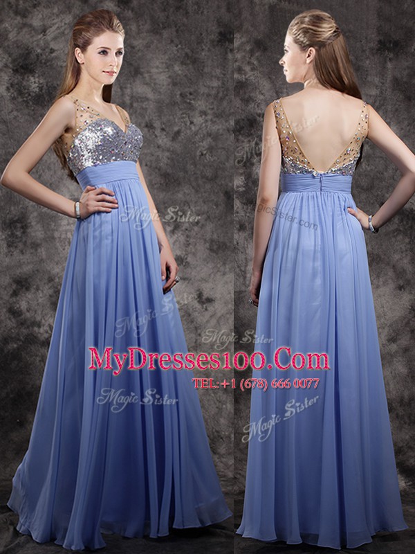 Fitting V-neck Sleeveless Dress for Prom Floor Length Beading and Sequins Lavender Chiffon