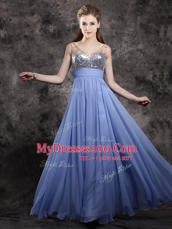 Fitting V-neck Sleeveless Dress for Prom Floor Length Beading and Sequins Lavender Chiffon