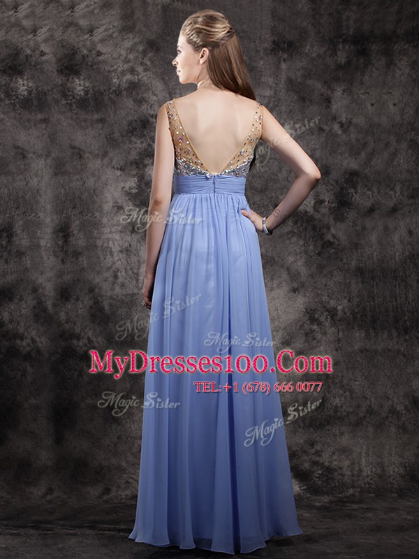 Fitting V-neck Sleeveless Dress for Prom Floor Length Beading and Sequins Lavender Chiffon