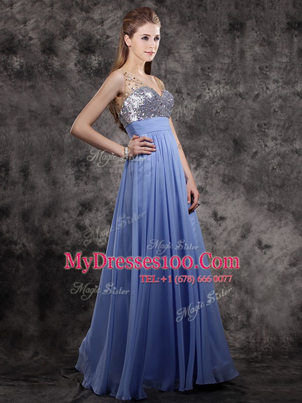 Fitting V-neck Sleeveless Dress for Prom Floor Length Beading and Sequins Lavender Chiffon
