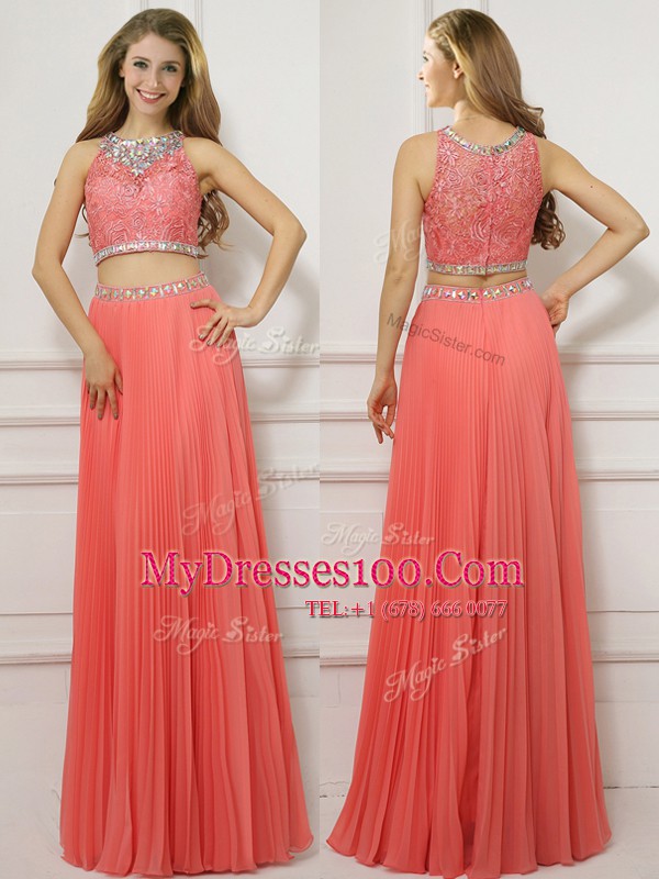 Watermelon Red Scoop Zipper Beading Prom Party Dress Sleeveless