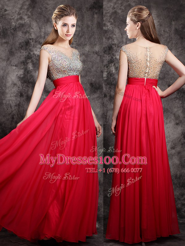 Sophisticated Coral Red Chiffon Zipper V-neck Cap Sleeves Floor Length Evening Dress Beading