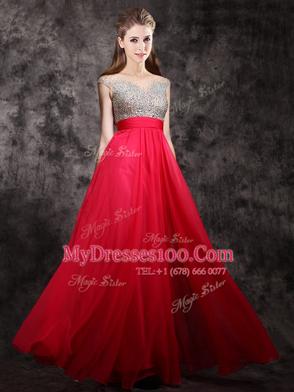 Sophisticated Coral Red Chiffon Zipper V-neck Cap Sleeves Floor Length Evening Dress Beading