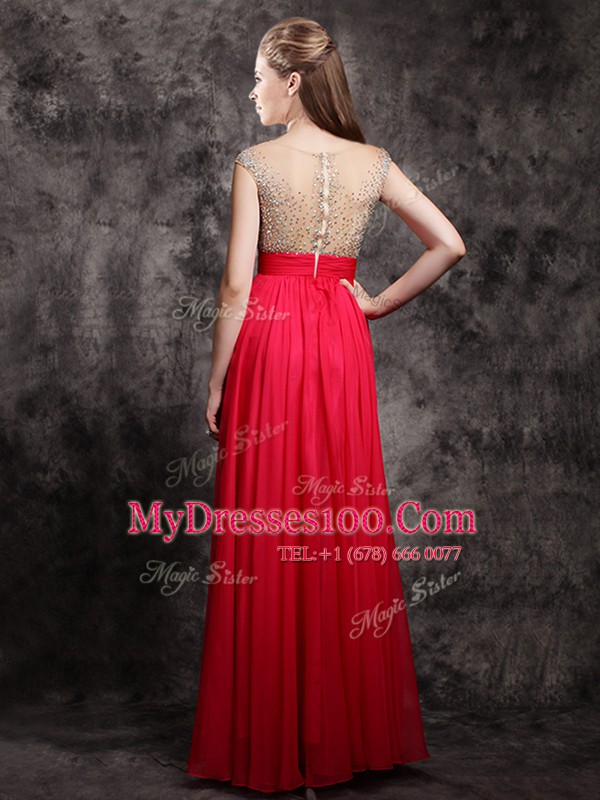 Sophisticated Coral Red Chiffon Zipper V-neck Cap Sleeves Floor Length Evening Dress Beading