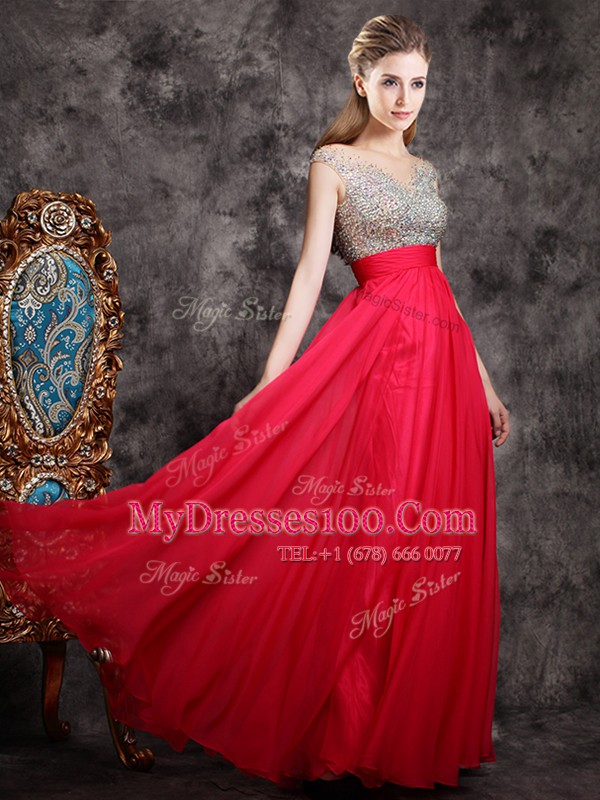 Sophisticated Coral Red Chiffon Zipper V-neck Cap Sleeves Floor Length Evening Dress Beading