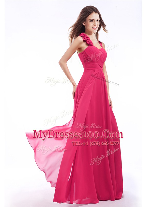 Floor Length Hot Pink Homecoming Dress Straps Sleeveless Zipper