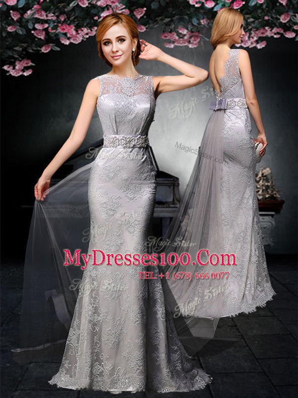 Backless Grey Sleeveless Watteau Train Lace and Belt With Train Prom Evening Gown