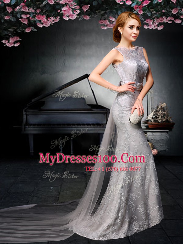 Backless Grey Sleeveless Watteau Train Lace and Belt With Train Prom Evening Gown