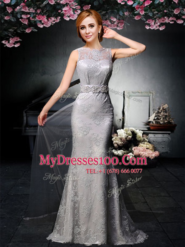 Backless Grey Sleeveless Watteau Train Lace and Belt With Train Prom Evening Gown